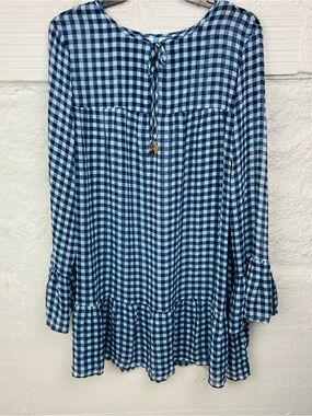 NWOT Draper James Blue and White sheer Gingham flare sleeve Swim Coverup SZ M L